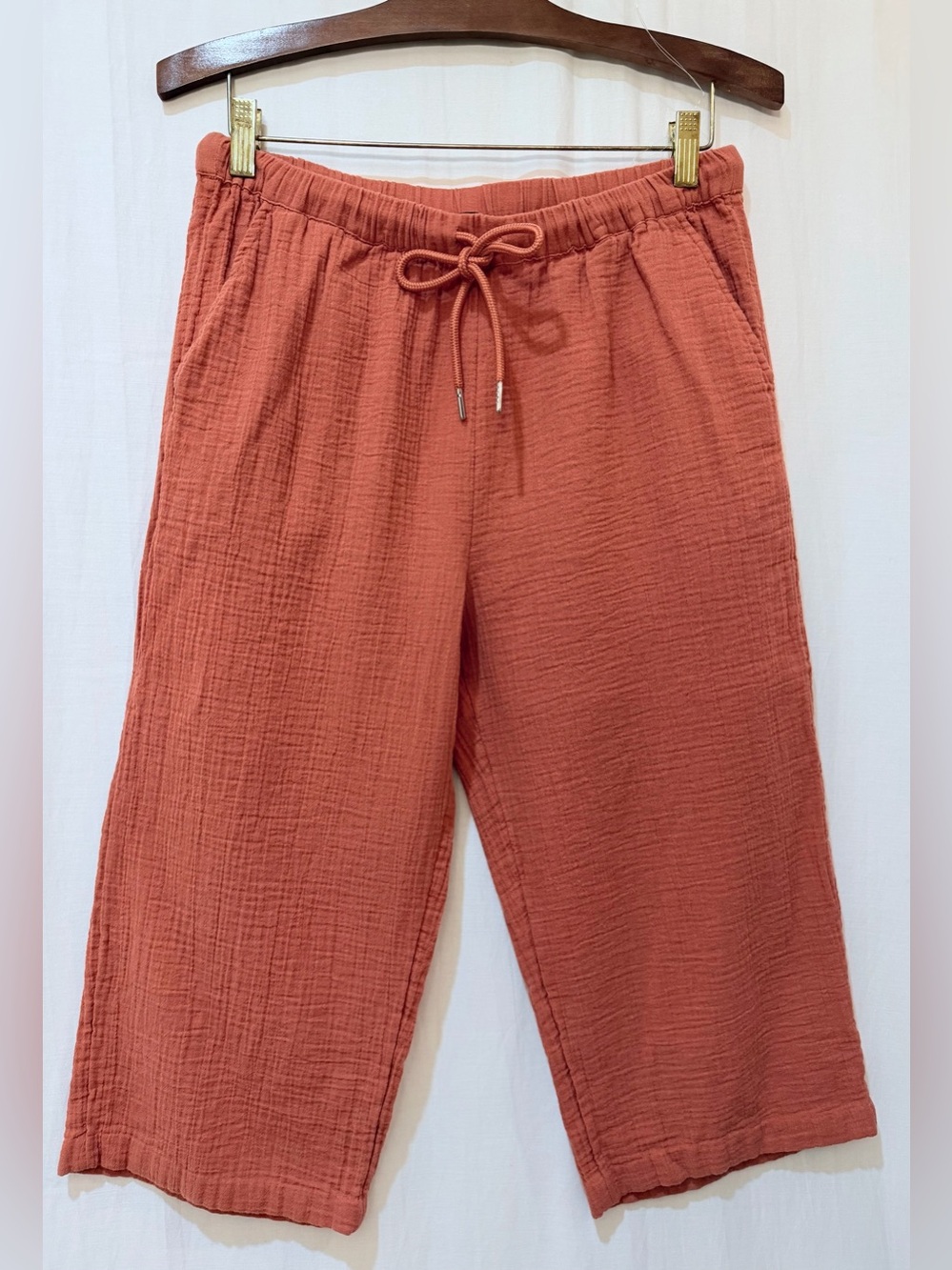Quince 100% Organic Cotton Gauze Capri CropPants w. Elasticated Waist -Orange- S